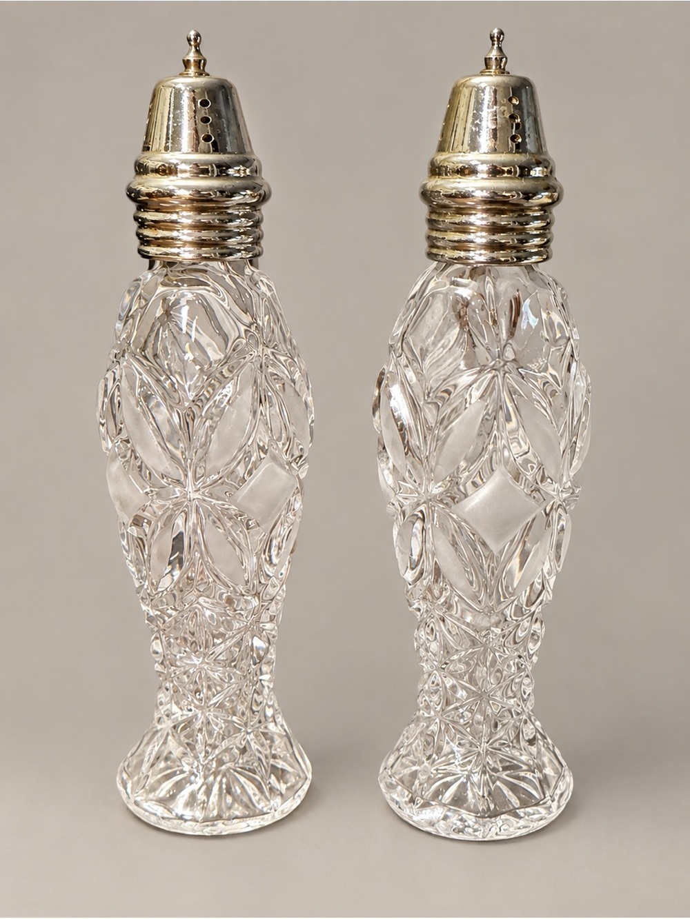Cut Glass Salt and Pepper Shaker Set with Silver-Tone Tops - Clear